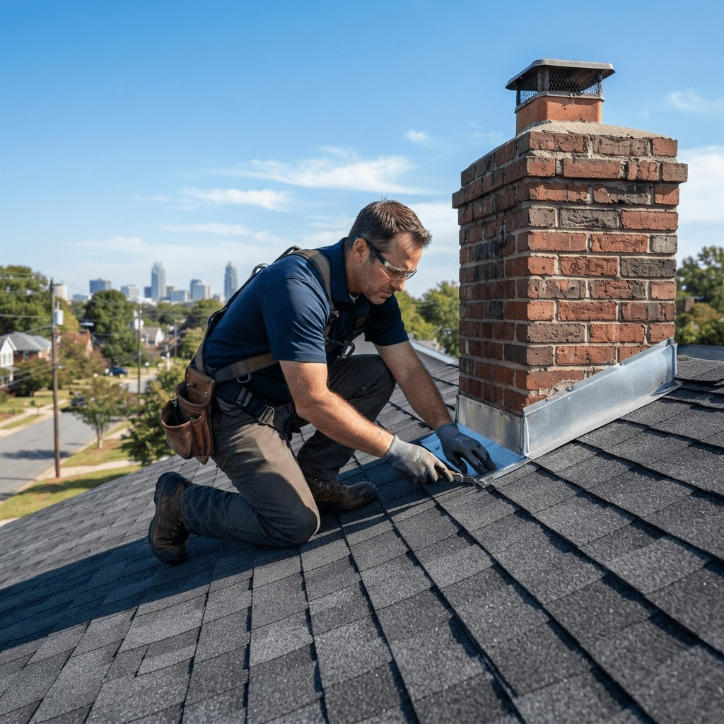 Roofer inspecting flashing beside a brick chimney