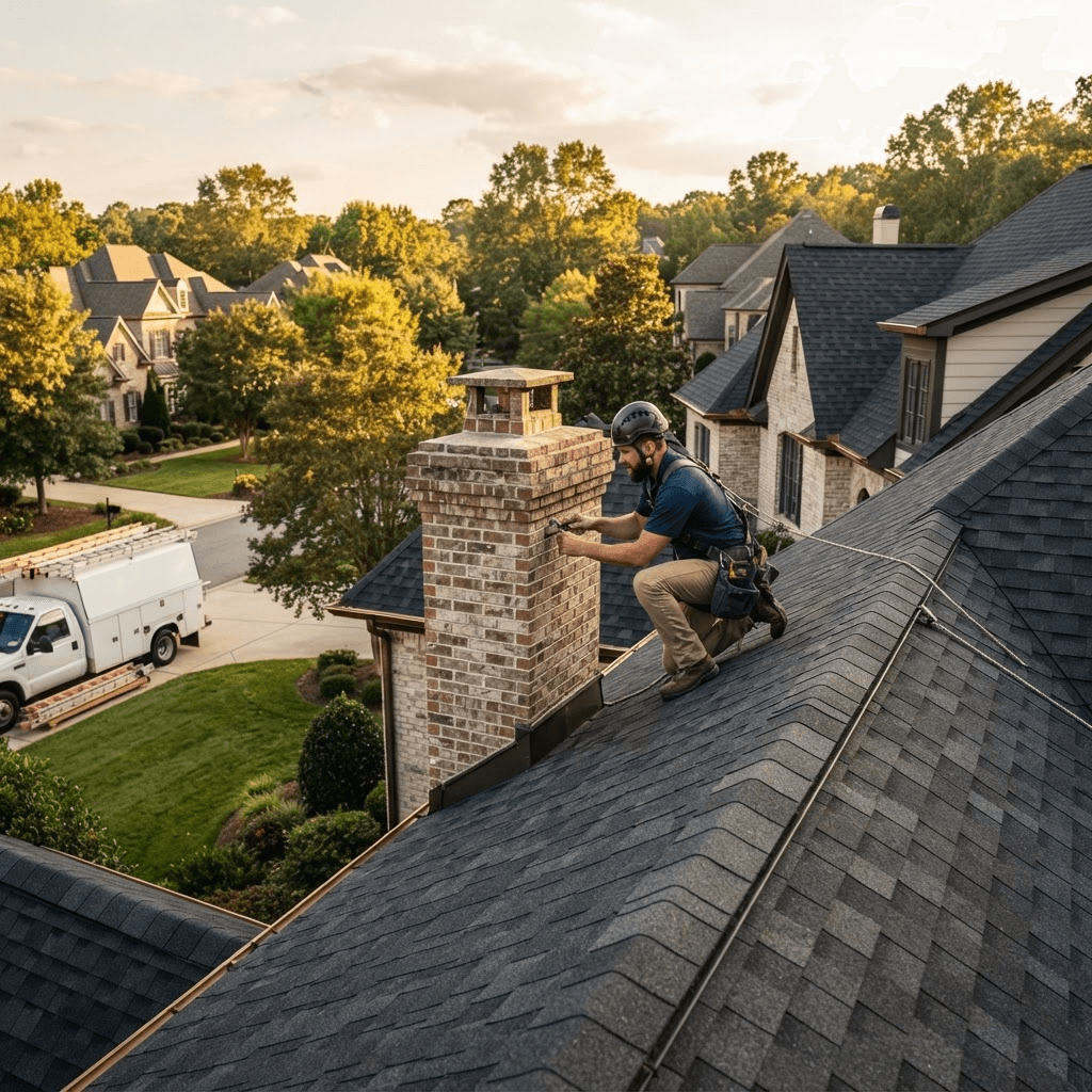 Roofing professional inspecting a Charlotte residential roof
