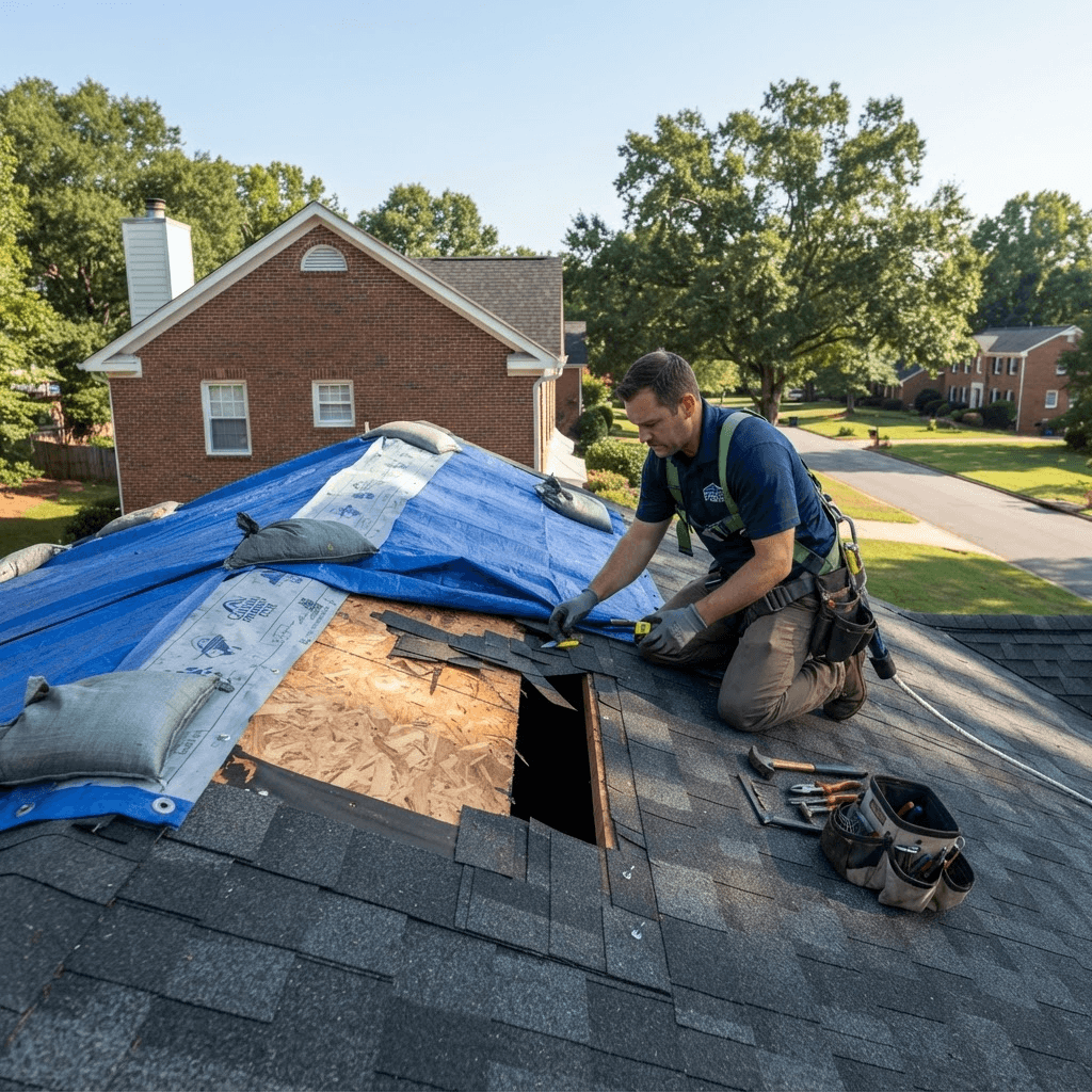 Professional assessment for emergency roof repair on a Charlotte home