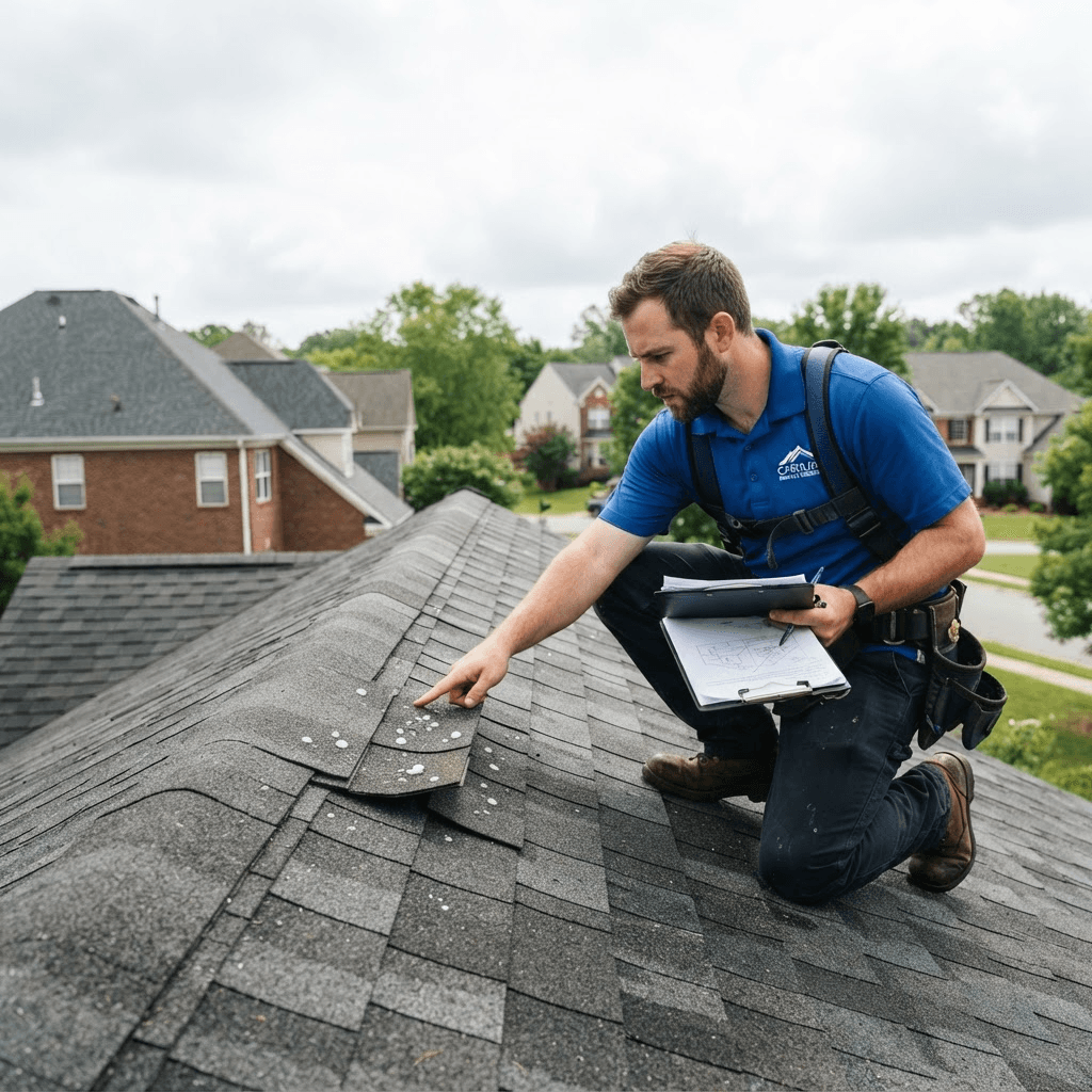 Professional assessment for storm damage roof repair on a Charlotte home